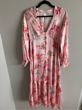 ASOS Design Pink Floral Midi Dress with V-Neck